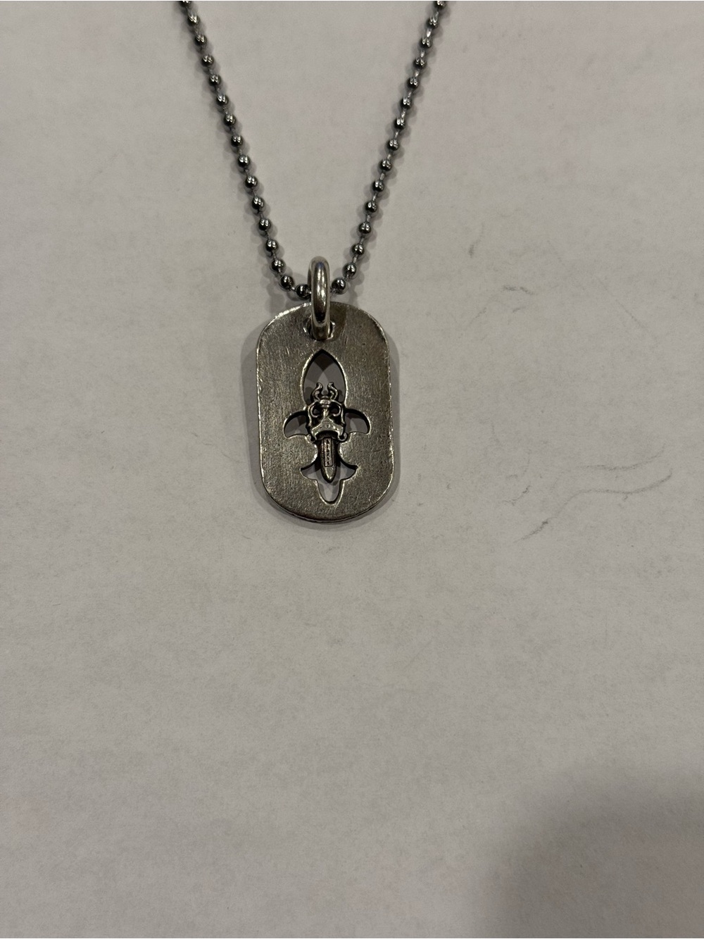 Chrome Hearts Dagger BS Fleur Cutout Dog Tag Pendant Silver Ball Chain Necklace